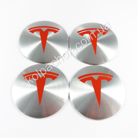Наклейки для ковпачків на диски Tesla срібло/червоний лого (56мм)