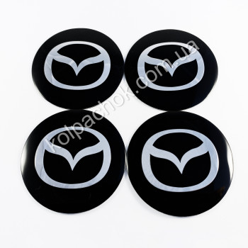 Наклейки для колпачков на диски Mazda черные/хром лого/2 (65мм)