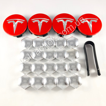 Набор колпачков на диски Tesla красные + хром Набор колпачков на диски Tesla красные + хром
