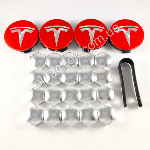 Набор колпачков на диски Tesla красные + хром