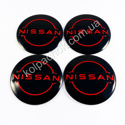 Наклейки для ковпачків на диски Nissan чорні/червоний лого (56мм)