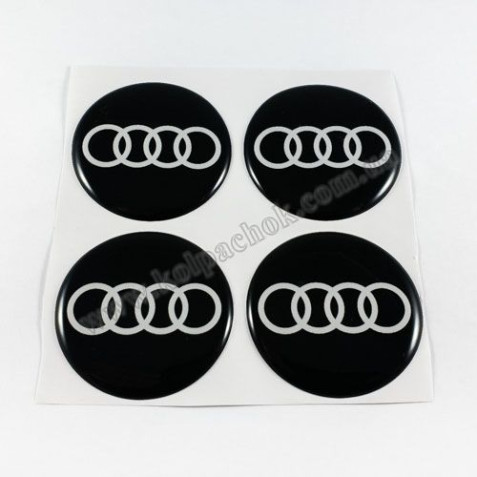 Наклейки для ковпачків на диски Audi чорні/білий лого (45мм)