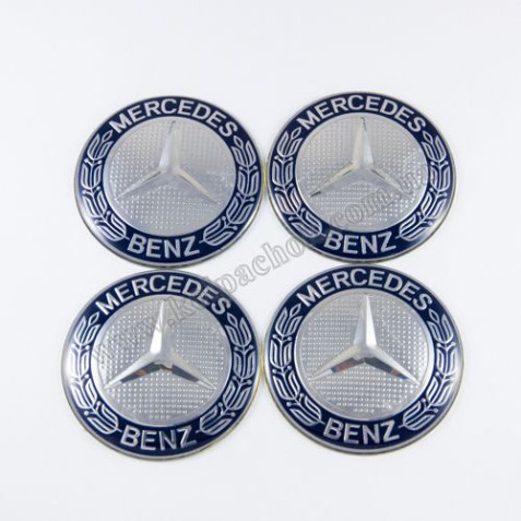 Наклейки для ковпачків на диски Mercedes-Benz хром/синій кант (74мм)
