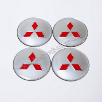 Наклейки для ковпачків на диски Mitsubishi срібло/червоний лого (65мм)
