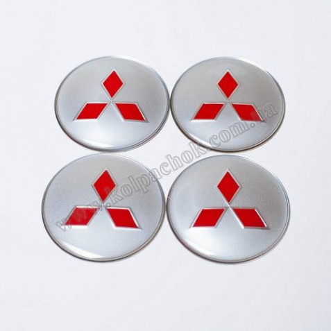 Наклейки для ковпачків на диски Mitsubishi срібло/червоний лого (65мм)
