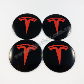 Наклейки для ковпачків на диски Tesla чорні/червоний лого (65мм)
